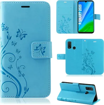 Produktbild von Handytasche für Huawei P Smart 2020 Blumen Flip Cover Buchhülle mit Magnetverschluss, Blau