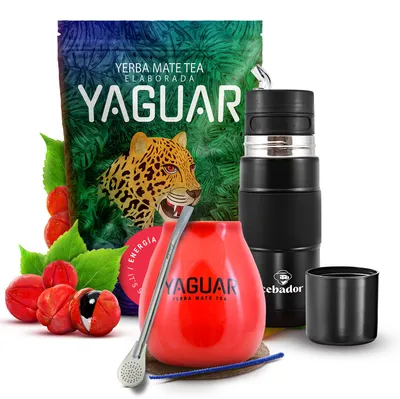 Produktbild von Yaguar - Mate Tee Set Energia Guarana 500g - Schwarz Yerbomos X 450ml Thermoskanne - Rote Keramik Becher 350ml - Bombilla - Mild, Starker Wachmacher