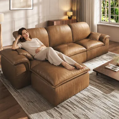 Produktbild von Ecksofa 3-Sitzer mit Longchair 280cm, Weiches Lederoptik Sofa für Wohnzimmer, Braun