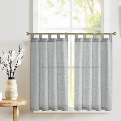 Obrázok produktu pre Sada 2 závesov Unyqoos®, vzhľad ľanu, čiastočne priehľadné, sivé, 65 x 60 cm, s pútkami na zavesenie – vhodné do kuchyne a obývačky