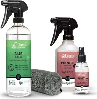 Produktbild von bio-chem CLEANTEC Autopflege Innenraum Set 4-teilig zur professionellen Autoreinigung und Pflege für alle Autos innen I Glasreiniger, Polsterreiniger und Cockpitreiniger + Premium Mikrofasertuch