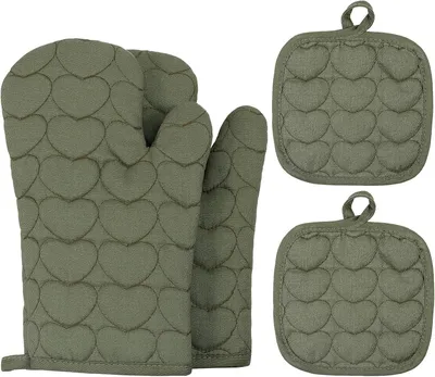 Produktbild von 4 Stück Ofenhandschuhe und Topflappen, hitzebeständig bis 250°C, für Kochen, Backen und Grillen (grün)