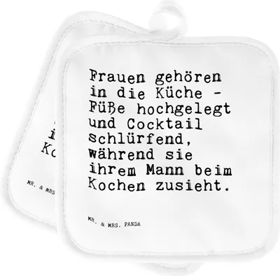 Produktbild von Mr. & Mrs. Panda Topflappen Frauen gehören in die... - Weiß - Geschenk, Set, Topflappenset, Hochzeit, Topfuntersetzer, Verlobung, Sprüche, Junggesellinnenabschied, Frau