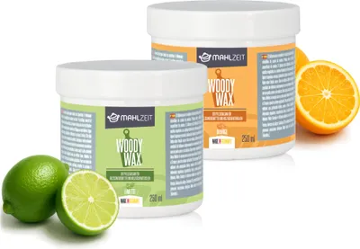 Produktbild von Mahlzeit WOODY WAX Holzpflege Set für Schneidebrett, 2x 250 ml, Limettenduft + Orangenduft