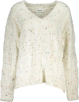 Produktbild von Weißer Damenpullover mit V-Ausschnitt und Kontrastdetails.