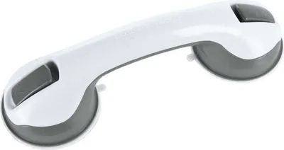 A white and gray suction cup grab bar for a bathroom.