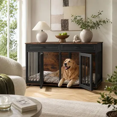 Produktbild von Hundekäfig Schrank XXL, Hundekäfig mit 2 Schubladen und 2 Türen, Hundebox für Zuhause Große/Mittlere Hunde,Beistelltisch, Hundehütte Indoor, Hundehaus für Zuhause, Schwarz, 164 x 60 x 80 cm, Eisen