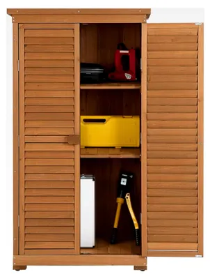 Produktbild von Gartenschrank aus Holz, wetterfestes Gerätehaus für den Außenbereich, 87x47x160cm, mit 2 verstellbaren Regalen, Geräteschuppen mit Asphaltdach, Holzschuppen, Natur