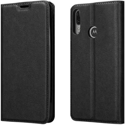 A black flip case for a Motorola phone is shown from two angles.