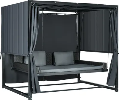 Produktbild von Outdoor-Schaukelbett aus PE-Rattan mit Baldachin, inkl. Kissen, wetterbeständig, 235 cm x 180 cm x 210 cm, Grau