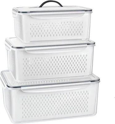 Zdjęcie produktu dla Pojemniki do przechowywania owoców i warzyw z pokrywką i sitkiem, zestaw 3 plastikowych organizerów do lodówki, pojemniki do przechowywania żywności w lodówce, hermetyczne i z wyjmowaną pokrywką, pojemniki do przechowywania w lodówce.