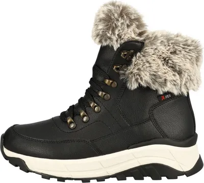 A black winter boot with fur trim.