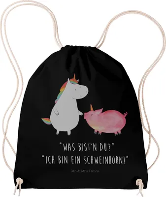 Produktbild von Mr. & Mrs. Panda Turnbeutel Einhorn Schwein - Schwarz - Geschenk, Einhörner, Freundin, Säckchen, sporttasche klein, Beutel, Schweinhorn, Jutebeutel, gym tasche, Unicorn
