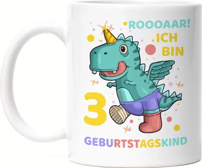 Produktbild von Roooaarr Ich Bin 3 Tasse Weiß Dinosaurier Dino T-Rex Geburtstag Kindergeburtstag