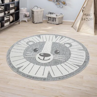 Immagine prodotto di Tappeto per bambini Camera dei bambini Tappeto da esterno Tappeto da gioco Effetto 3D Leone Grigio Dimensioni Ø 160 cm Rotondo