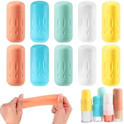 Produktbild von Unyqoos® Set mit 10 wiederverwendbaren Silikonhüllen – auslaufsichere Schutzhüllen für Reiseflaschen, 5 Farben, bis Ø 5 cm, 7,7 cm