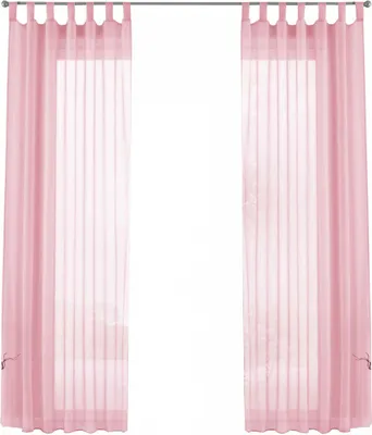 Two pink sheer curtains hanging on a curtain rod.