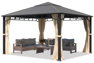 Produktbild von Gartenpavillon 4x4 m Stahldach Hardtop, 4 Seitenteile in Champagner, Pfosten 9x9 cm