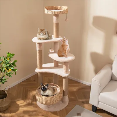 Immagine prodotto di Albero per gatti - Tiragraffi - Torre per arrampicata - Albero giochi - Arredamento per gatti - Colore beige - Altezza 165 cm