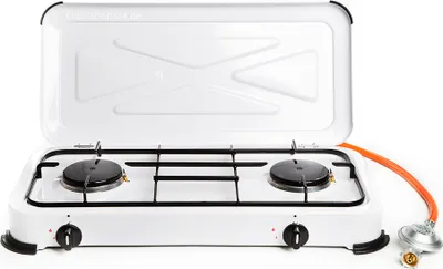 Produktbild von 2 flammiger Propan Gaskocher mit Zündsicherung + emaillierte Brennerdeckel und Topfträger (Hockerkocher, Kocher, Gastrokocher, Gasherd, Campingkocher)