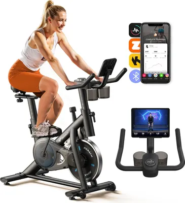 Produktbild von Leises Heimtrainer Fahrrad LED-Monitor, Bluetooth & App, verstellbarer Sitz & Widerstand, Tablet- & Flaschenhalter, bis 136 kg, Fitnessbike Zuhause