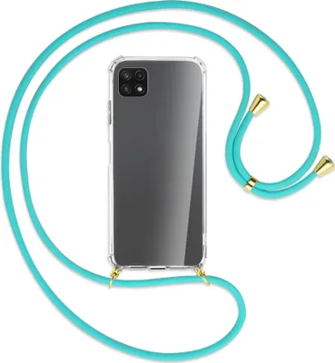 Produktbild von Handykette Backcover-Schutzhülle mit Band (Metall goldfarben) für Samsung Galaxy A22 5G (A226) - türkis