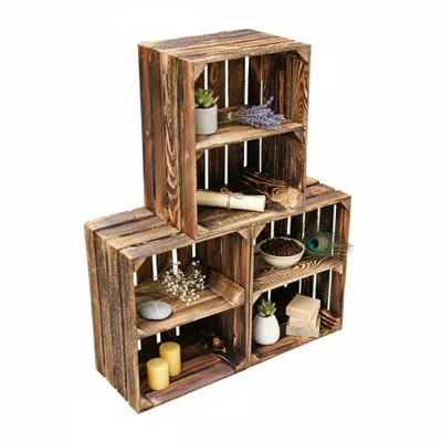 Obrázek produktu pro Dřevěná bedna s plameny 50 x 40 x 30 cm s mezipodlahou – regálová bedna, bedna na ovoce, dekorace