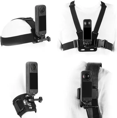 Zdjęcie produktu dla Zestaw akcesoriów do kamery Insta360: uchwyt, opaska na głowę, klips do plecaka, klamra do paska i adapter obrotowy 360° z szybkim odblokowaniem, zapewniający optymalne wykorzystanie Twojej kamery sportowej