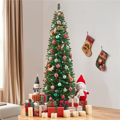 Produktbild von Yaheetech Bleistift Weihnachtsbaum mit Ständer, 214 cm, künstlicher Tannenbaum mit 499 Spitzen, schlanker Christbaum, Grün