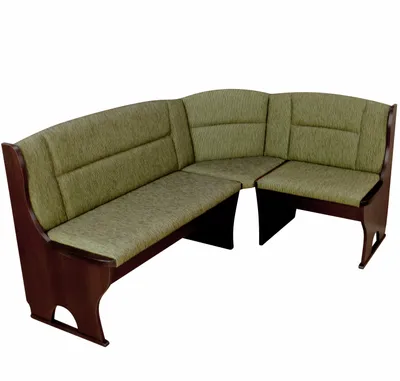A corner bench with green upholstery and a dark wood frame, isolated on a white background.