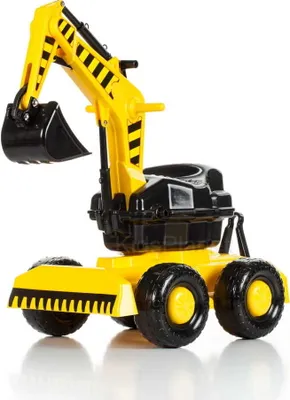 A yellow and black toy excavator is shown against a white background.