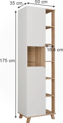 A tall, narrow cabinet with two doors and open shelving on the side, shown with dimensions indicated.