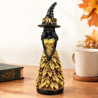 Productafbeelding van Herfst heks figuur Halloween decoratie hars standbeeld bladjurk