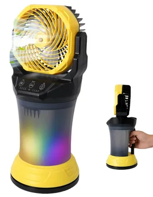 Obrázok produktu pre Prenosný ventilátor so sprejom – mini stolný ventilátor – oscilácia 120° – nádržka na vodu – RGB osvetlenie – diaľkové ovládanie – 3/4 rýchlostí – lítiová batéria – žltá farba