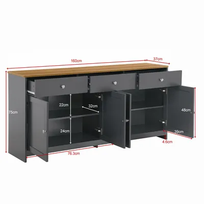 Obrázek produktu pro okwish Komoda se 4 dvířky a 3 zásuvkami, komoda s velkým úložným prostorem, do obývacího pokoje, 160x37x75 cm, dřevěný Imitace a tmavě šedá