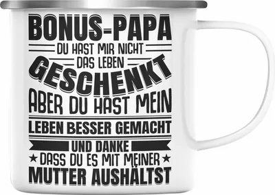 Produktbild von Trendation - Stiefvater Geschenk Emaille Tasse Vatertag Lustiger Spruch Bonus Geschenkidee Stiefpapa (Silber)