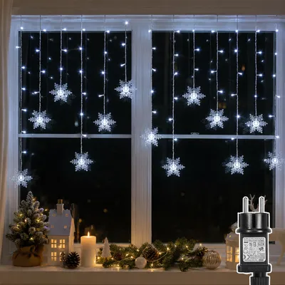Produktbild von 1,8M LED Lichterkette Schneeflocke Lichtervorhang Wasserdicht 8 Lichtmodi Innen Garten Weihnachten Deko, Weiß
