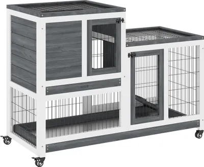 Image de PawHut Clapier š€ lapin sur roulettes cage š€ lapin intšŠrieur extšŠrieur 2 šŠtages 2 portes verrouillables 2 plateaux coulissants rampe bois de sapin gris blanc