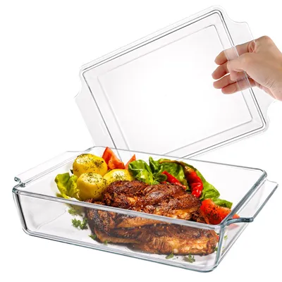 Image de Plat à gratin rectangulaire en verre avec couvercle, 2 litres, 29 x 20 x 9 cm, plat à lasagnes, plat à gratin en verre, plat à rôtir, four, cuisinière électrique, plat à gratin résistant à la chaleur pour lasagnes, viande