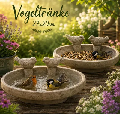 Produktbild von Stephans Möbelbörse Vogeltränke mit 2 Vögeln aus Zement | 27x20 cm Wasserbecken für Vögel | Vogelbad & Gartendekoration