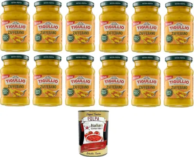 Produktbild von Tigullio Pesto Zafferano 12x190g – Cremige Sauce mit Safran, ohne Gluten – Italienischer Geschmack für Pasta & mehr+ Italian Gourmet polpa 400g