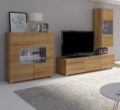 Produktbild von Wohnzimmer Set mit Highboard in Eiche Gold Nb. mit LED Beleuchtung CAIRNS-132, B/H/T ca. 265/200/43 cm