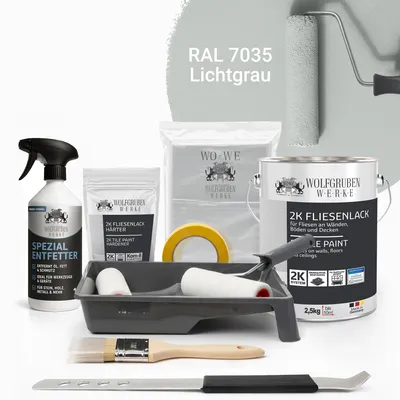 Produktbild von WO-WE Komplettset 2K Fliesenlack Renovierungsset für Küche, Badezimmer, Wand- & Bodenfliesen Lichtgrau 2,5Kg