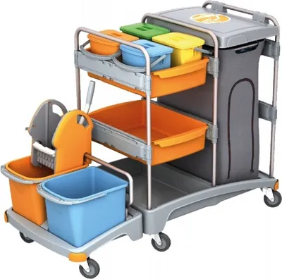 Produktbild von Splast Putzwagen mit Beutelhalter, Moppresse und Eimern, Regal und 4 kleinen Eimern