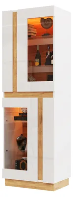 Immagine prodotto di Vetrina espositiva di 60 x 40 x 180 cm, con 2 ante in vetro, ripiani in vetro e illuminazione LED controllabile tramite app, 2 aree espositive, realizzata in pannello di fibra a media densità (MDF), finitura bianca/naturale