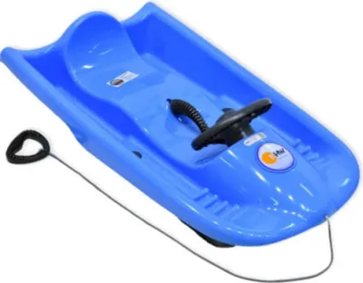 A blue plastic sled with a steering wheel and a rope for pulling.