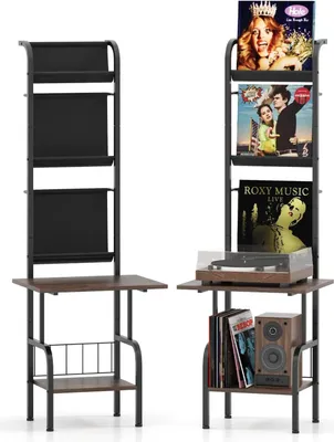 Produktbild von KOMFOTTEU Stojan na vinylové desky s podnosem na gramofony, 5 úrovní se spodní policí, dřevěný gramofon, 50 x 51 x 145 cm, vintage styl