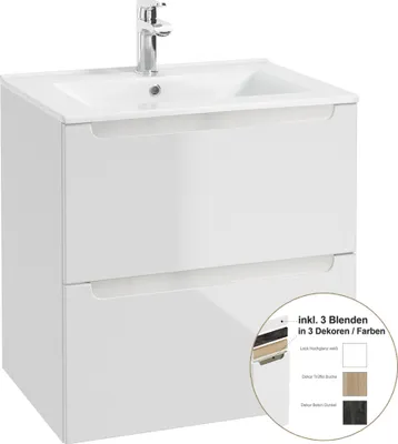 Produktbild von Waschtischunterschrank 60cm mit Keramikbecken SOFIA-107 Hochglanz weiß lackiert, B/H/T 60/61,5/46 cm