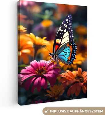 Produktbild von MuchoWow® - Leinwandbilder - Schmetterling - Tier - Bunt - Blumen - Natur, Wandbild, Wanddeko Bilder Wohnzimmer, 90x120cm