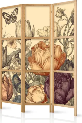 Produktbild von 3-teiliger Einseitiger Vlies Japanischer Paravent - Tulips in Cream - Illustration of Flowers and Butterflies on a Light Background 135x172 cm Blumen b-H-10033-bh-a